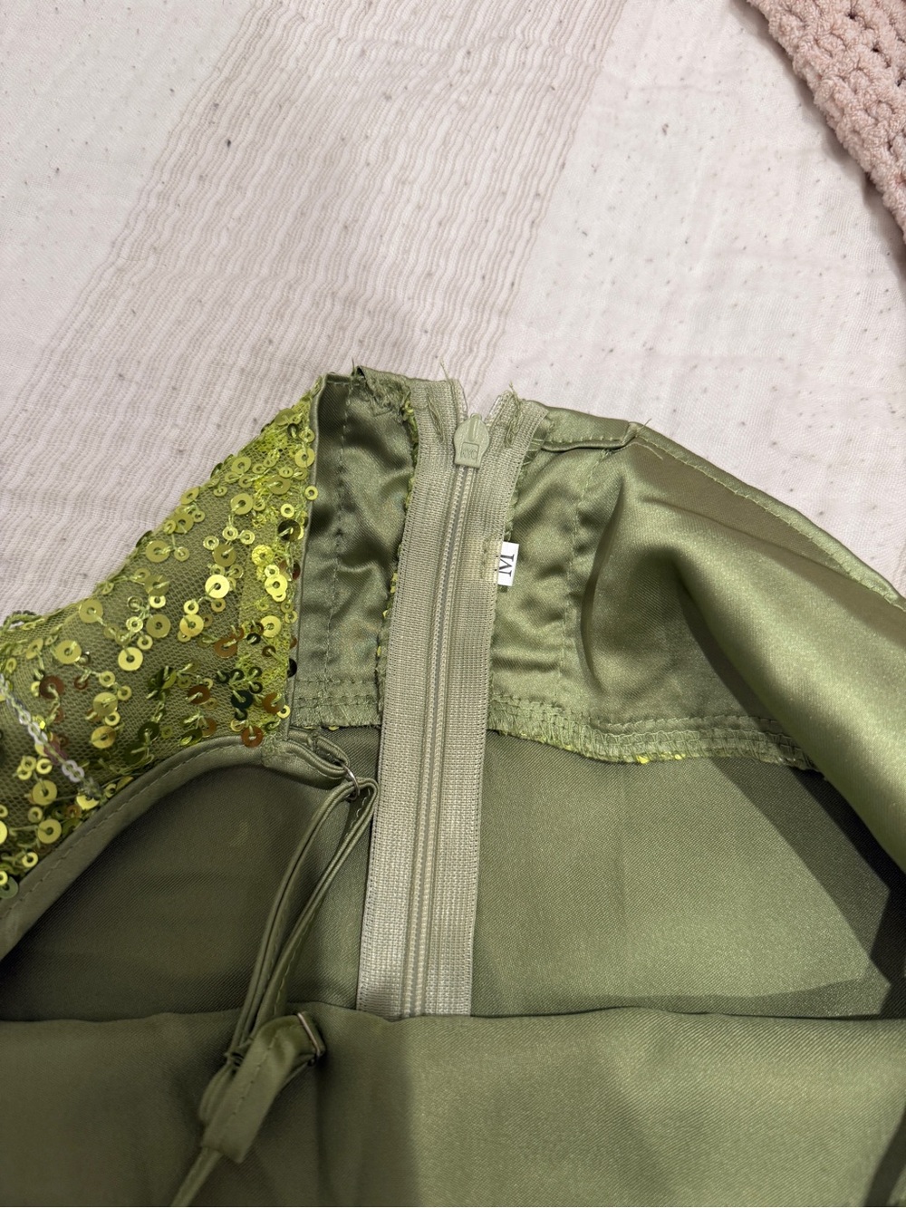 Beaded Satin Mini Dress in Olive Green - Picture 3 of 4